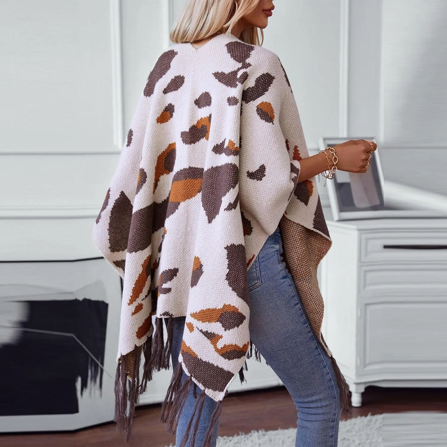 Women's Knit Shawl Wraps, Color Block Knitted Poncho Cape Open Front Cardigan Sweater with Tassel for Fall Winter
