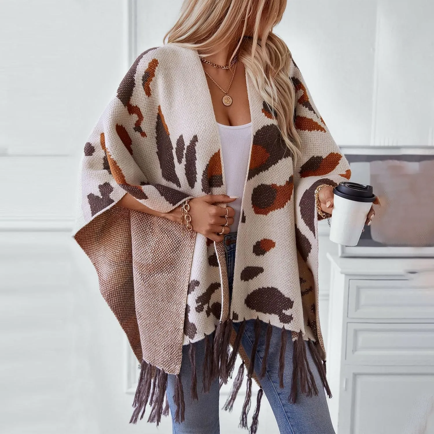 Women's Knit Shawl Wraps, Color Block Knitted Poncho Cape Open Front Cardigan Sweater with Tassel for Fall Winter