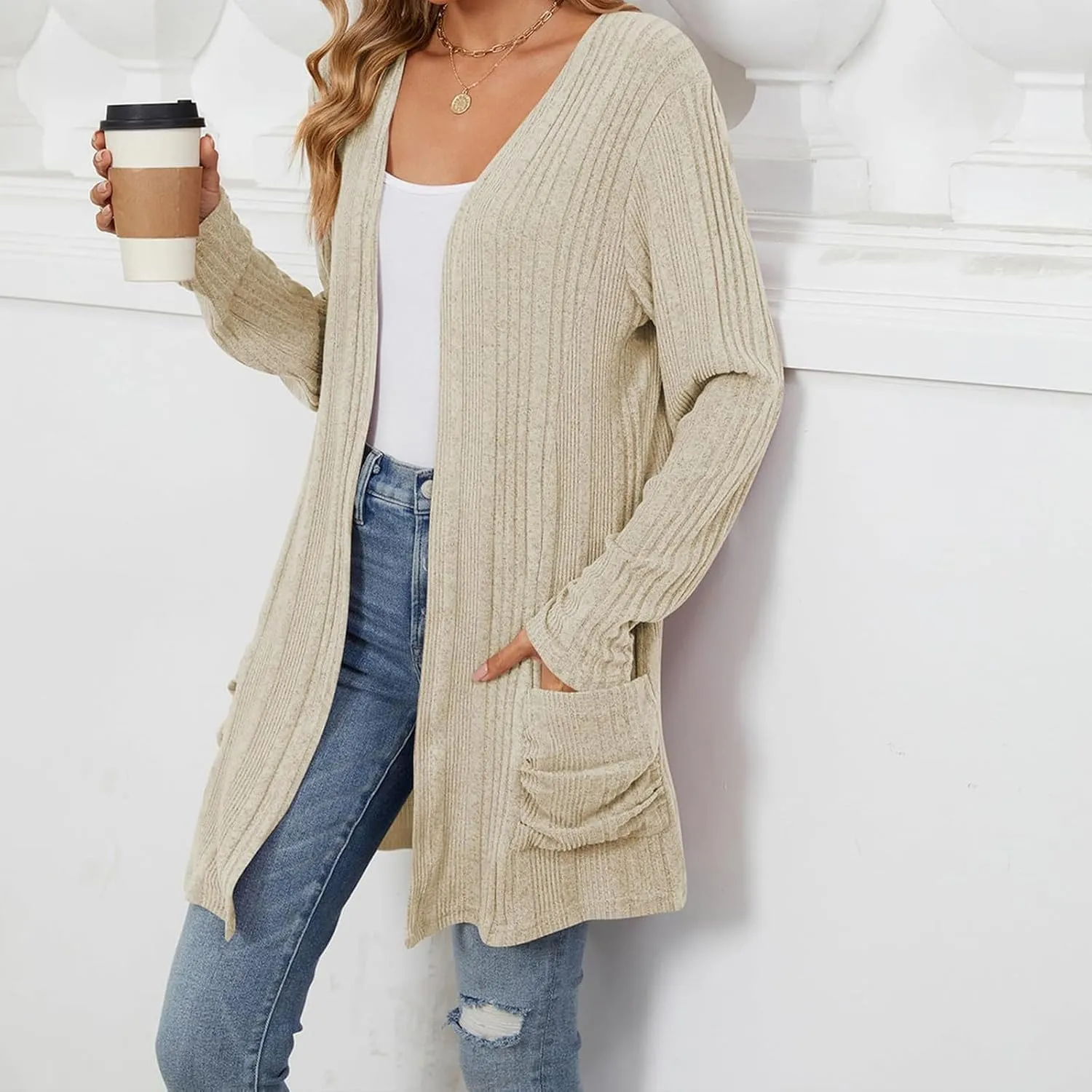 Womens Lightweight Open Front Cardigan Casual Long Sleeve Cable Knit Cardigan Sweaters 2024 Fall Outfits with Pockets