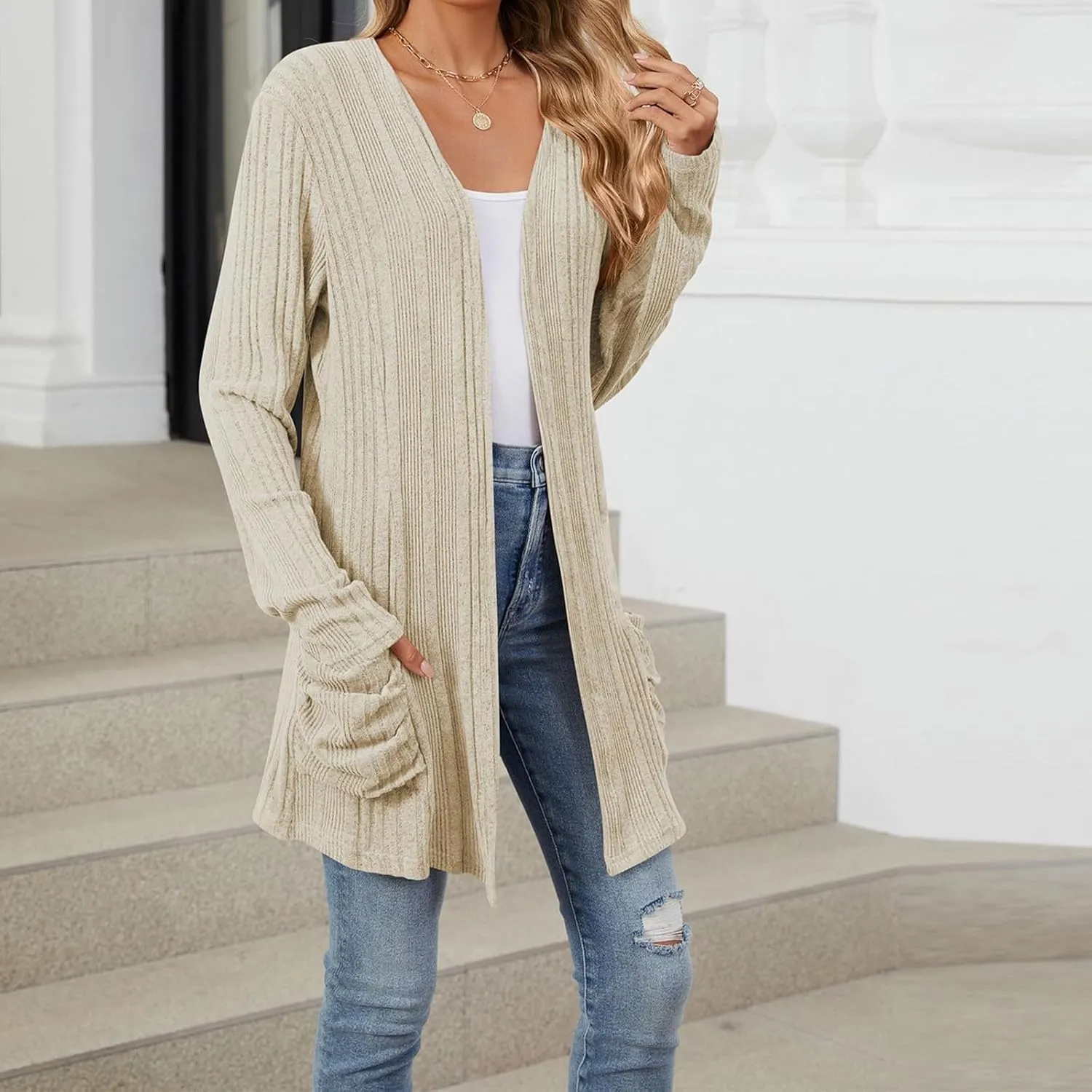 Womens Lightweight Open Front Cardigan Casual Long Sleeve Cable Knit Cardigan Sweaters 2024 Fall Outfits with Pockets