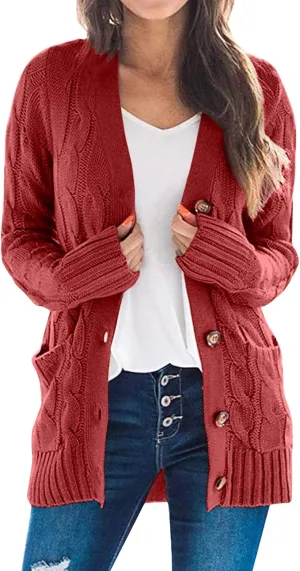 Womens Long Cardigan Sweaters Cable Knit Long Sleeve Cardigan Chunky Open Front Button Sweaters Fall Outfits 2024