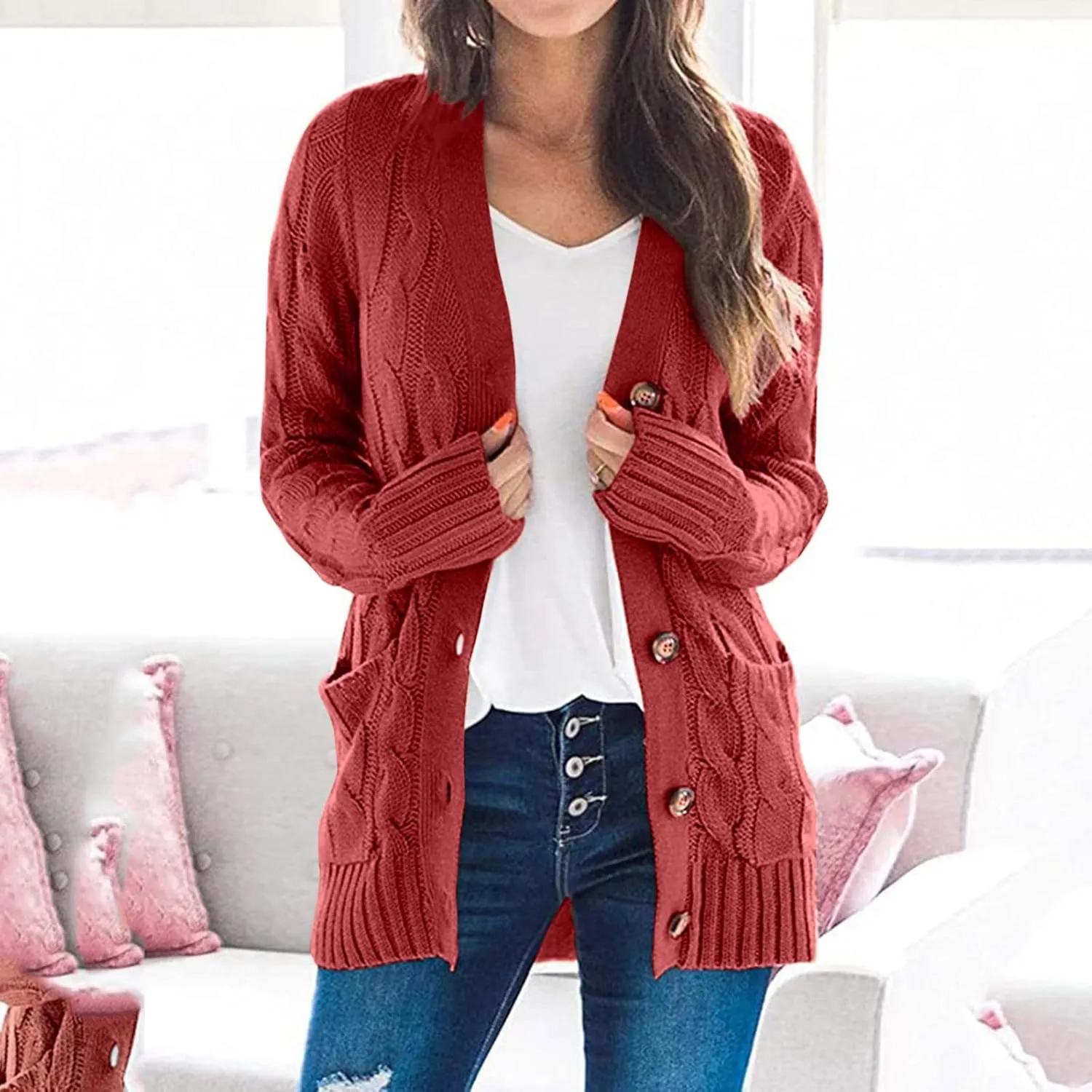 Womens Long Cardigan Sweaters Cable Knit Long Sleeve Cardigan Chunky Open Front Button Sweaters Fall Outfits 2024