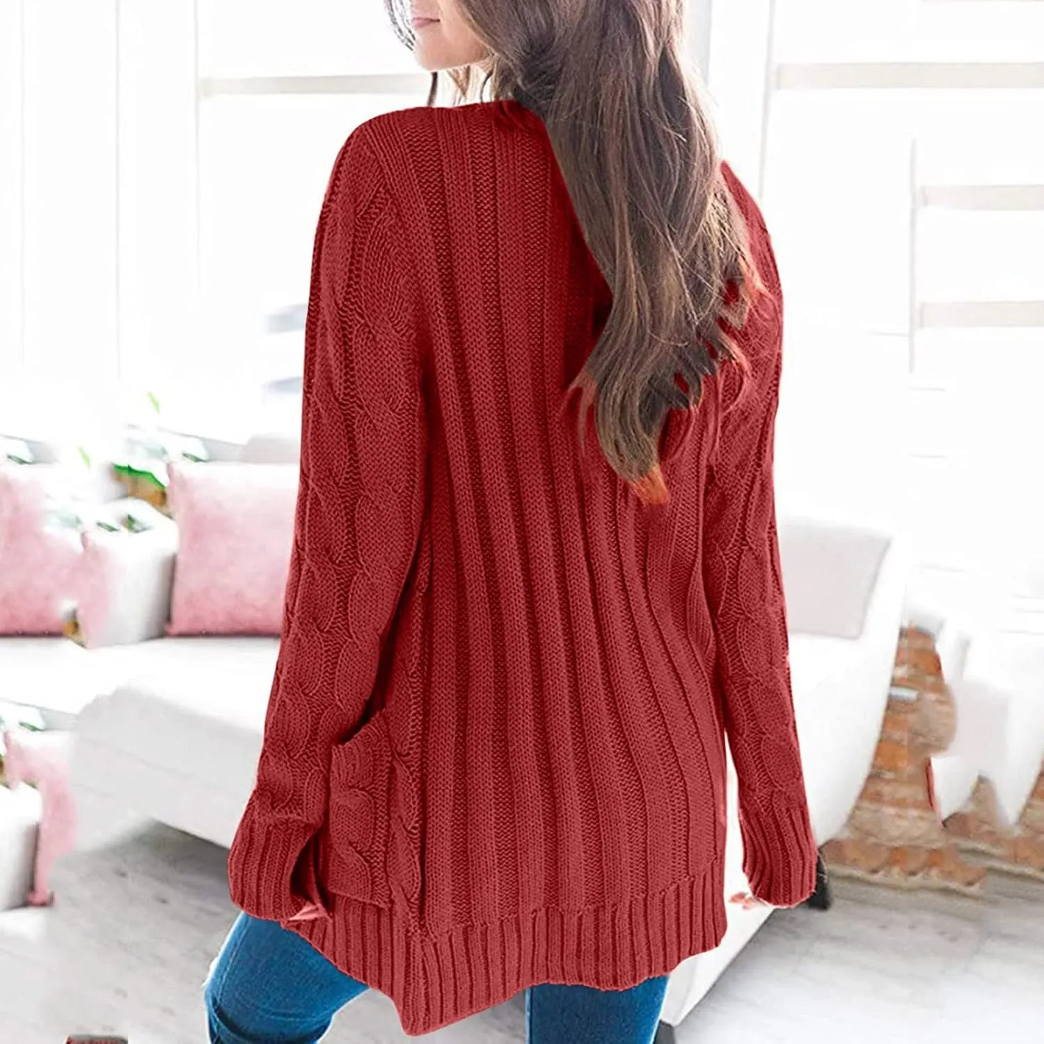 Womens Long Cardigan Sweaters Cable Knit Long Sleeve Cardigan Chunky Open Front Button Sweaters Fall Outfits 2024