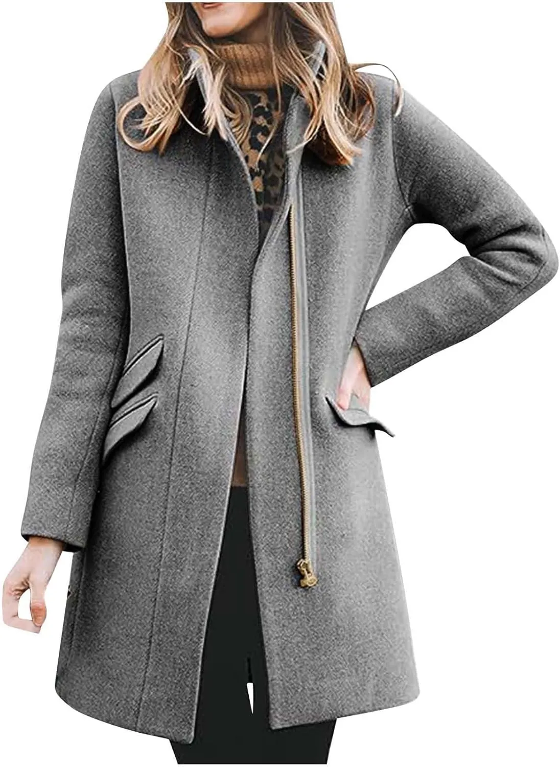 Womens Long Coat Classic Open Front Zip Up Casual Winter Wool Blend Over Pea Coats 2024 Fashion Solid Long Jackets