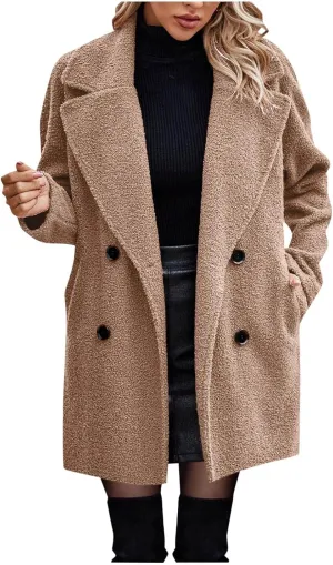 Womens Long Double Breasted Pea Coat Fuzzy Fleece Trench Coat Notch Lapel Collar Overcoat Sherpa Mid Length Jacket