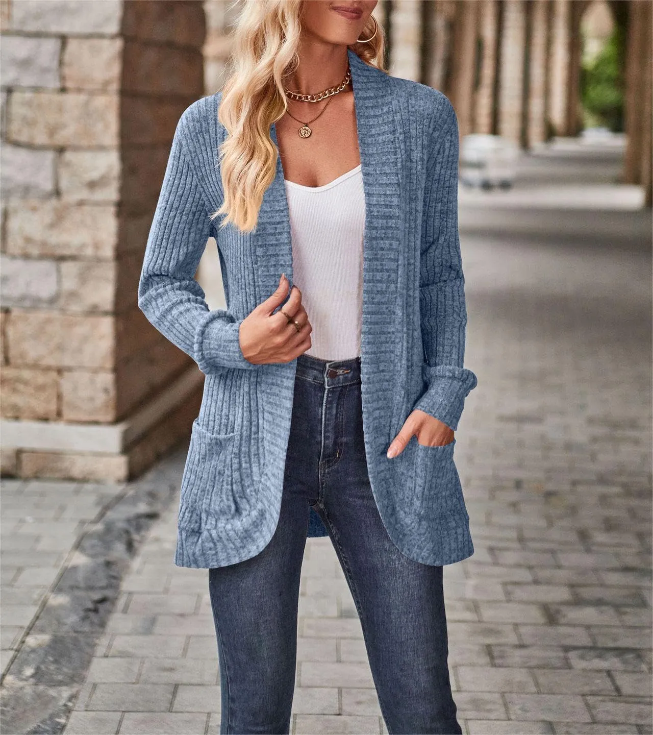 Women's Long Sleeve Basic Open Front Cardigan Solid Ribbed Knit Sweater Tops Soft Mid Long Sweater Cardigans Pockets