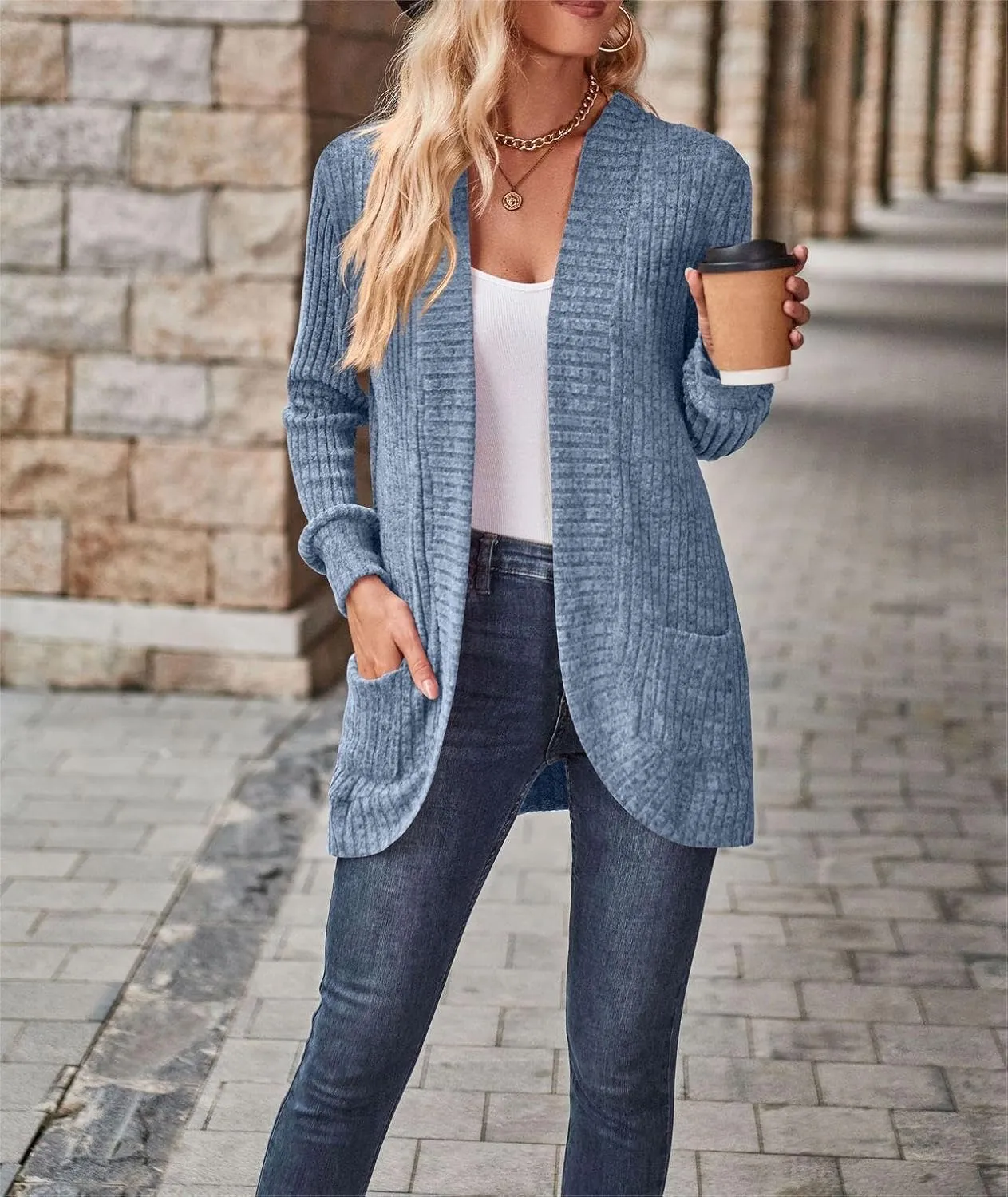 Women's Long Sleeve Basic Open Front Cardigan Solid Ribbed Knit Sweater Tops Soft Mid Long Sweater Cardigans Pockets
