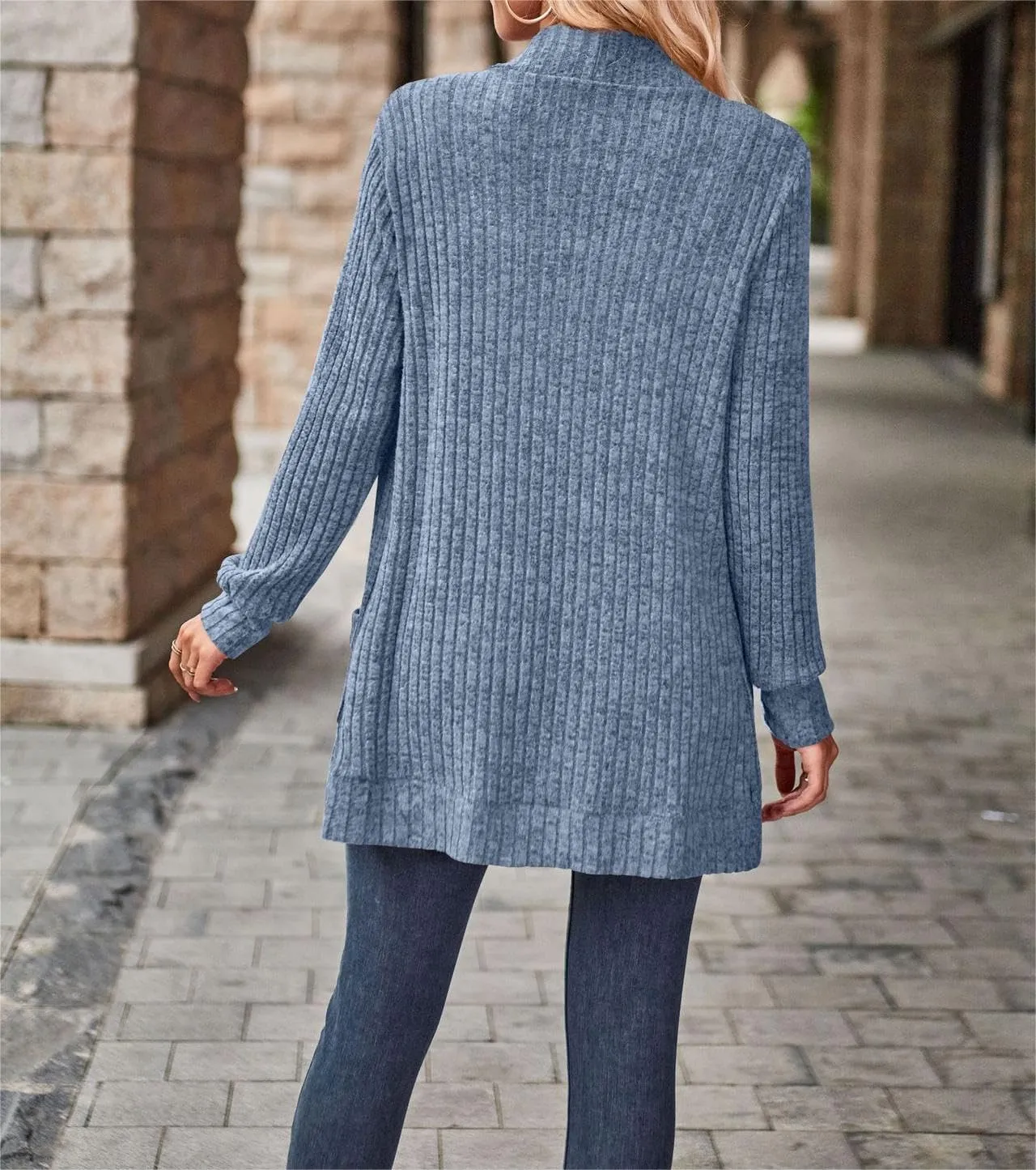 Women's Long Sleeve Basic Open Front Cardigan Solid Ribbed Knit Sweater Tops Soft Mid Long Sweater Cardigans Pockets