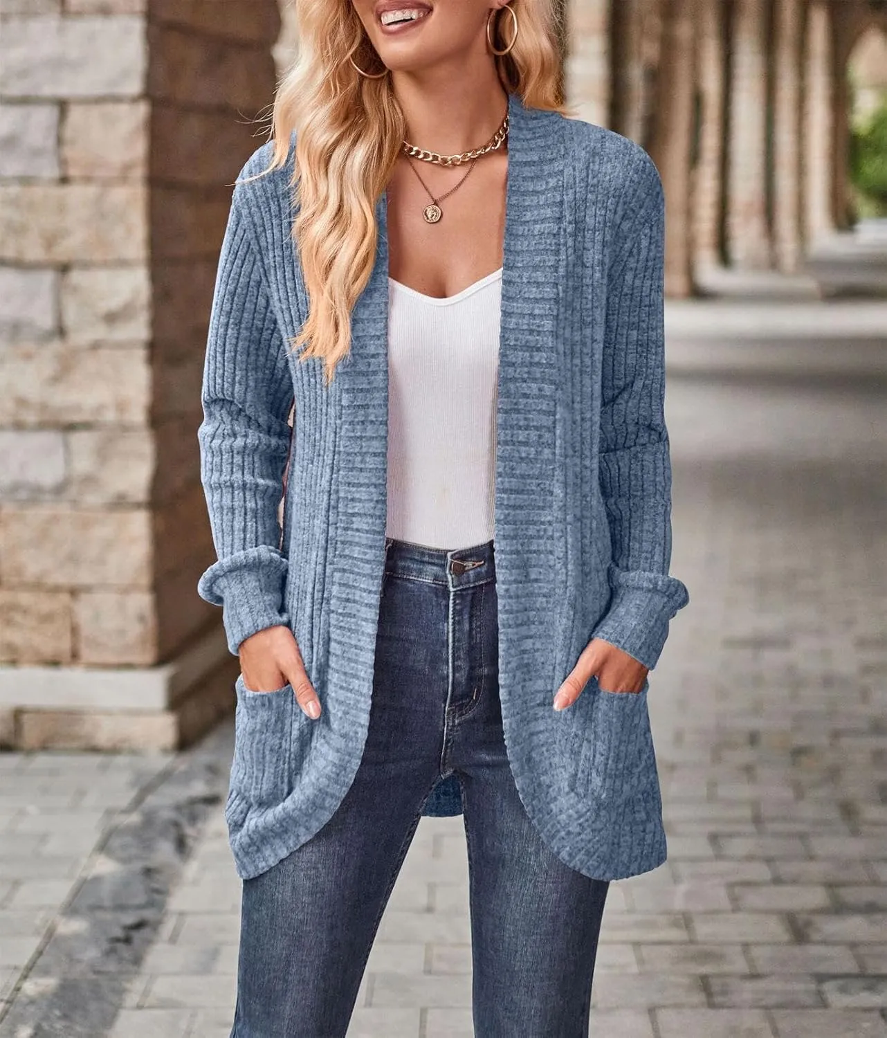 Women's Long Sleeve Basic Open Front Cardigan Solid Ribbed Knit Sweater Tops Soft Mid Long Sweater Cardigans Pockets
