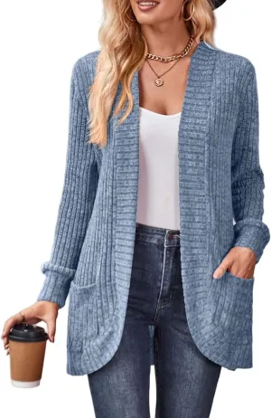 Women's Long Sleeve Basic Open Front Cardigan Solid Ribbed Knit Sweater Tops Soft Mid Long Sweater Cardigans Pockets