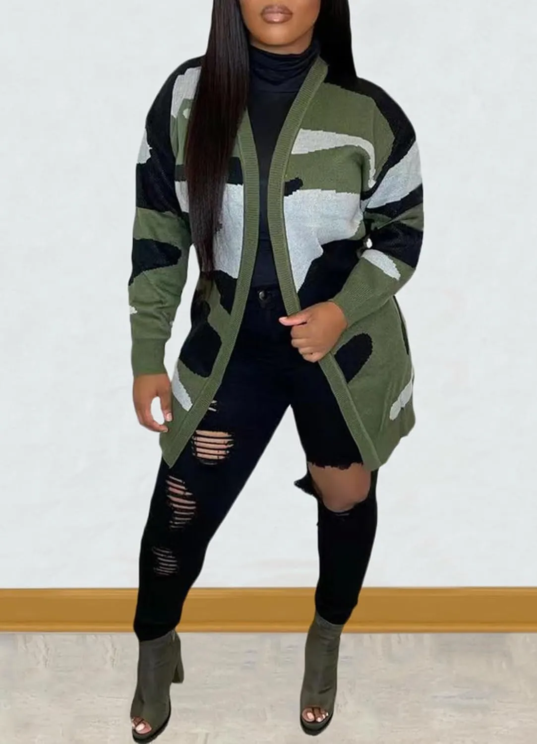 Women's Long Sleeve Chunky Cable Knit Cardigan Sweaters Lightweight Oversized Open Front Fall Camo Outwear Coats