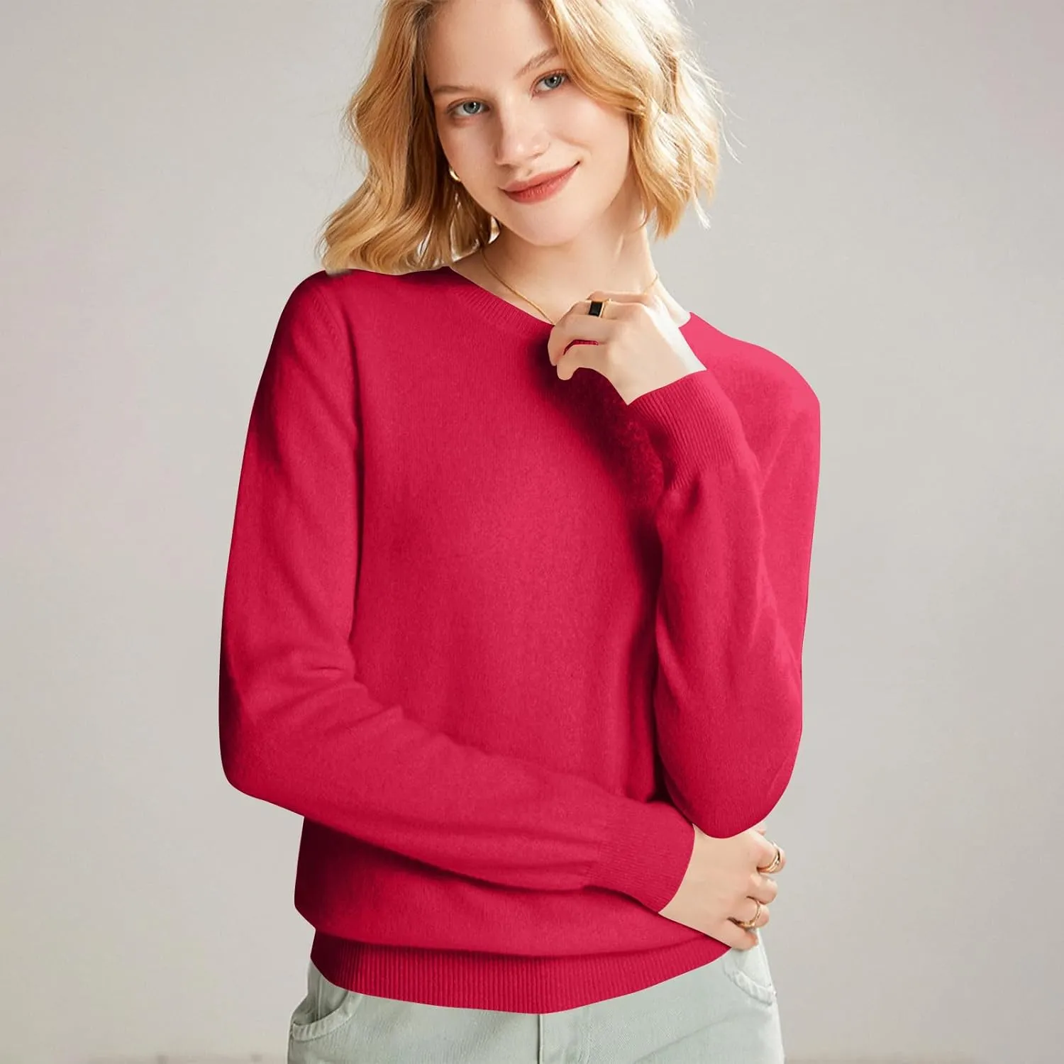 Womens Long Sleeve Crew Neck Cashmere Sweaters Soft Warm Pullover Tops Lightweight Wool Knit Sweater