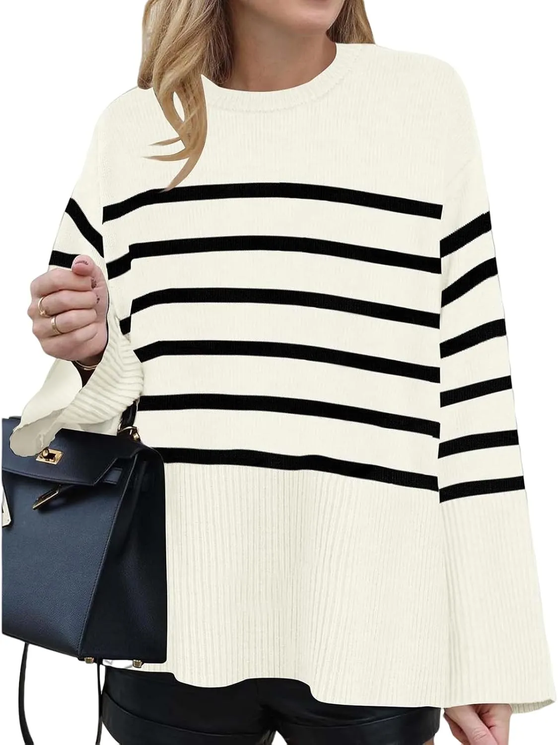 Women's Long Sleeve Crew Neck Oversized Striped Sweaters Color Block Comfy Loose Knitted Pullover Tops Winter Outwear
