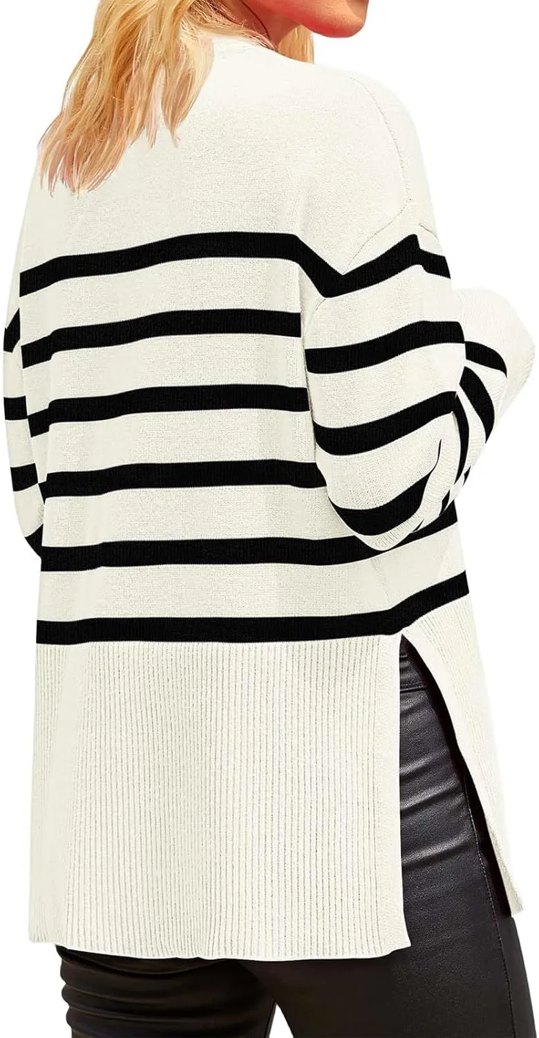 Women's Long Sleeve Crew Neck Oversized Striped Sweaters Color Block Comfy Loose Knitted Pullover Tops Winter Outwear