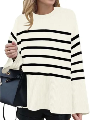 Women's Long Sleeve Crew Neck Oversized Striped Sweaters Color Block Comfy Loose Knitted Pullover Tops Winter Outwear