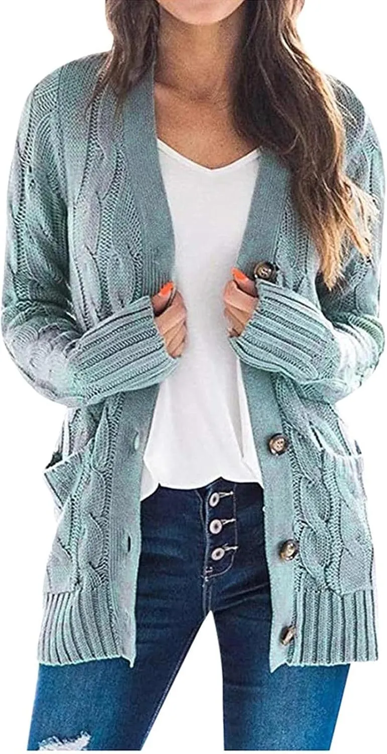 Women's Long Sleeve Open Front Knitted Cardigan Sweater, Button Down Chunky Pullover Outwear Coat