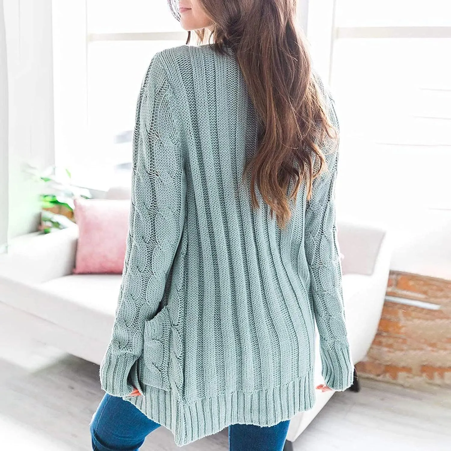 Women's Long Sleeve Open Front Knitted Cardigan Sweater, Button Down Chunky Pullover Outwear Coat