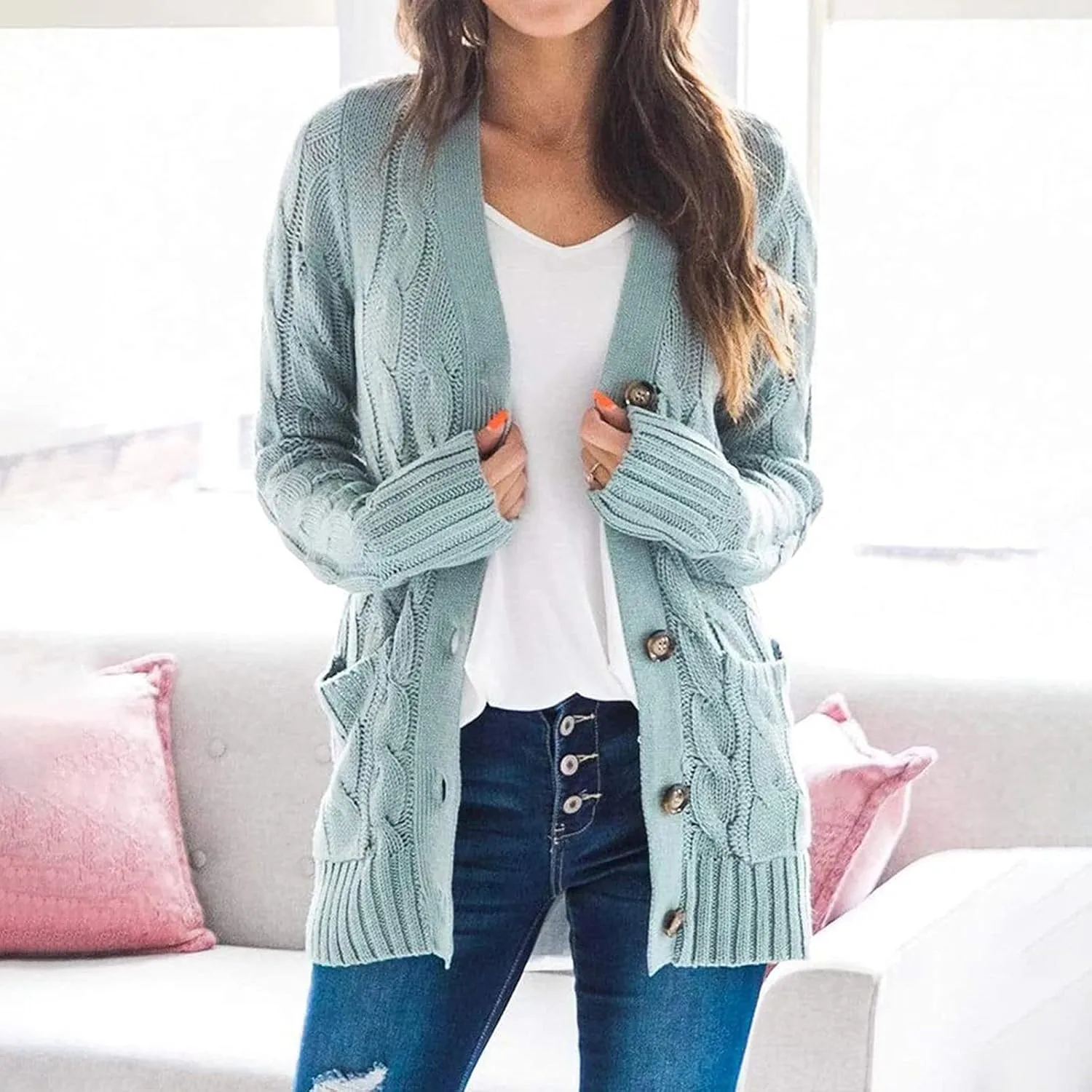 Women's Long Sleeve Open Front Knitted Cardigan Sweater, Button Down Chunky Pullover Outwear Coat