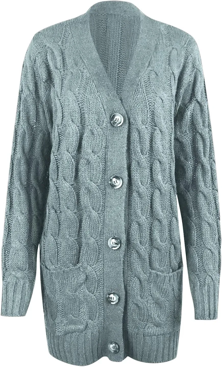 Women's Long Sleeve Open Front Knitted Cardigan Sweater, Button Down Chunky Pullover Outwear Coat