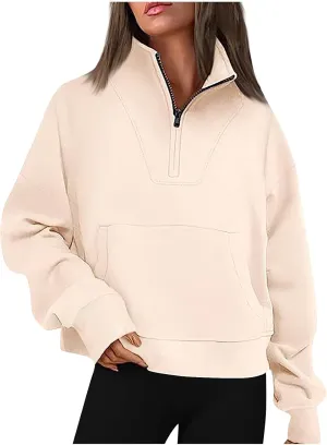Womens Long Sleeve Solid Color Half Zip Sweatshirts Fall Winter Trendy Outfits Hoodies With Pockets Workout Pullover