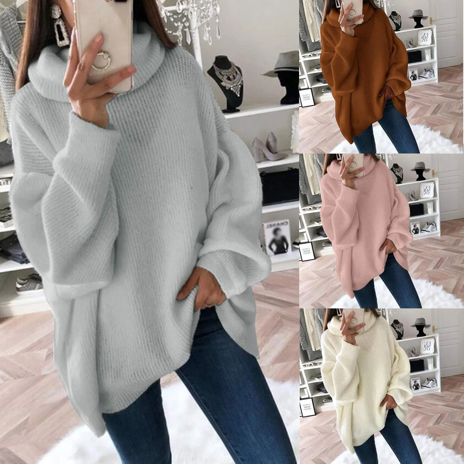 Womens Long Sleeve Turtleneck Sweaters Oversized Knit Loose Pullover Tunic Tops Knitted Pullover Jumper Sweater Shirts