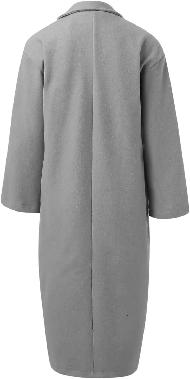 Womens Long Trench Coats Notch Lapel Double Breasted Pea Coats Mid Long Wool Blend Overcoat Winter Jackets Outwear