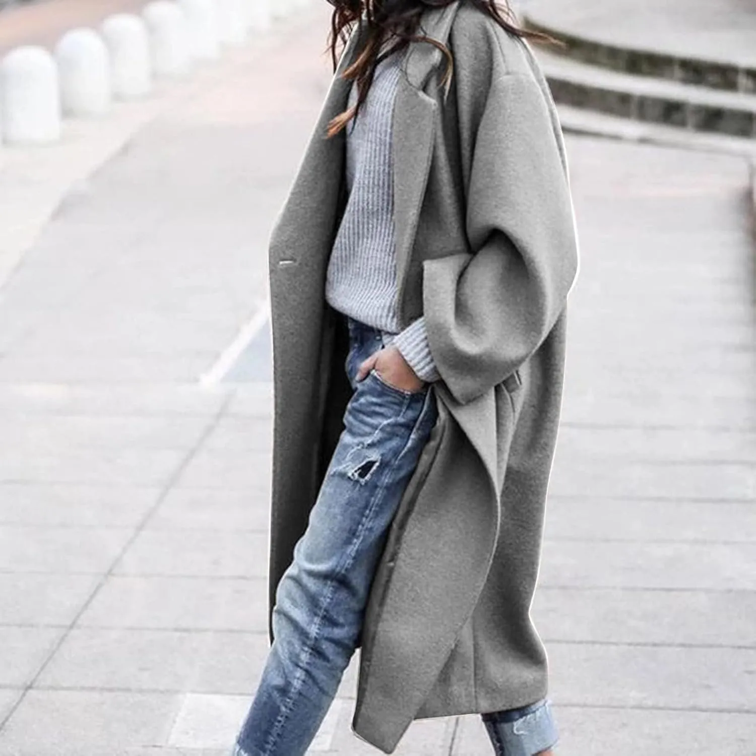 Womens Long Trench Coats Notch Lapel Double Breasted Pea Coats Mid Long Wool Blend Overcoat Winter Jackets Outwear