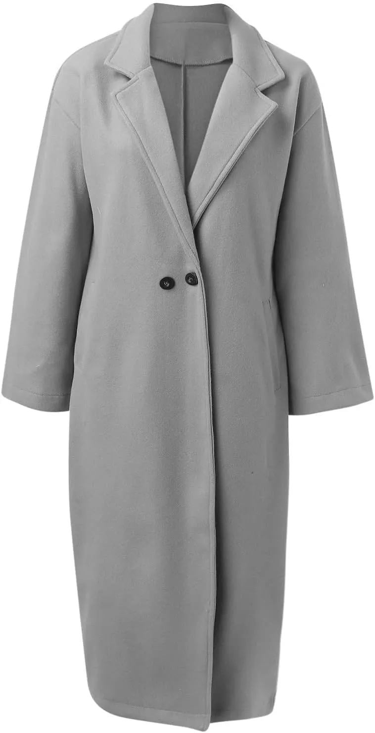 Womens Long Trench Coats Notch Lapel Double Breasted Pea Coats Mid Long Wool Blend Overcoat Winter Jackets Outwear