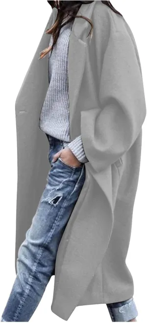 Womens Long Trench Coats Notch Lapel Double Breasted Pea Coats Mid Long Wool Blend Overcoat Winter Jackets Outwear