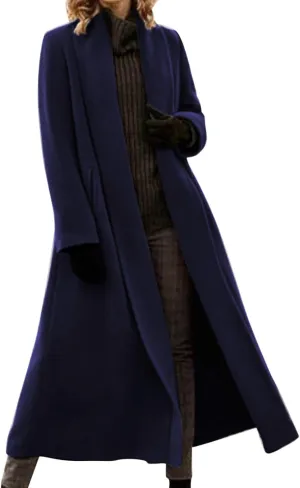 Womens Long Winter Pea Coat Casual Wool Blend Overcoat Notched Lapel Collar Trench Coat Belted Long Jacket Outerwear