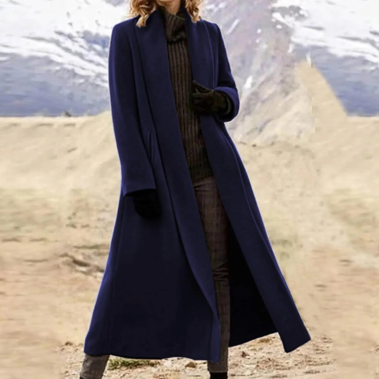 Womens Long Winter Pea Coat Casual Wool Blend Overcoat Notched Lapel Collar Trench Coat Belted Long Jacket Outerwear