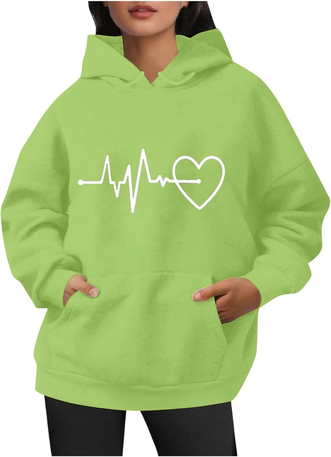 Womens Loose Fit Long Sleeve Comfy Hoodies Love Heart Graphic Sweatshirts Fashion Cute Pullover Tops with Pocket