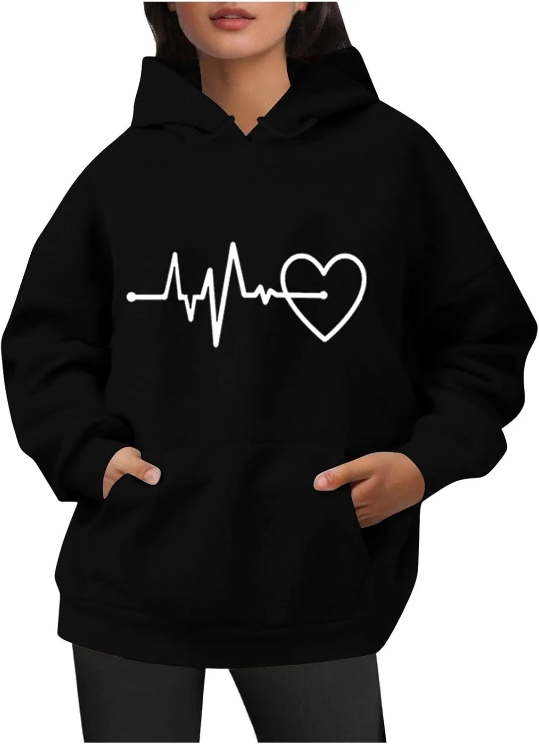 Womens Loose Fit Long Sleeve Comfy Hoodies Love Heart Graphic Sweatshirts Fashion Cute Pullover Tops with Pocket