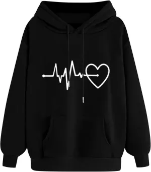 Womens Loose Fit Long Sleeve Comfy Hoodies Love Heart Graphic Sweatshirts Fashion Cute Pullover Tops with Pocket