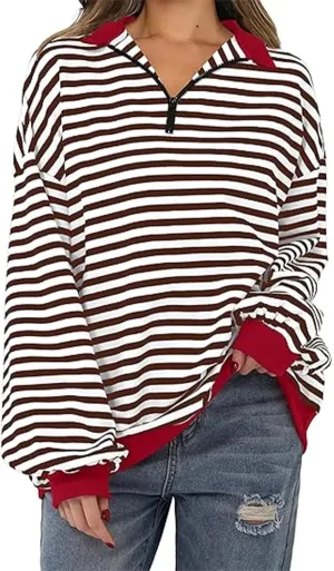 Womens Loose Hoodie Long Sleeve Quarter Zip Up Lapel Striped Color Block Pullover Sweatshirt Fall Fashion Workout Tops