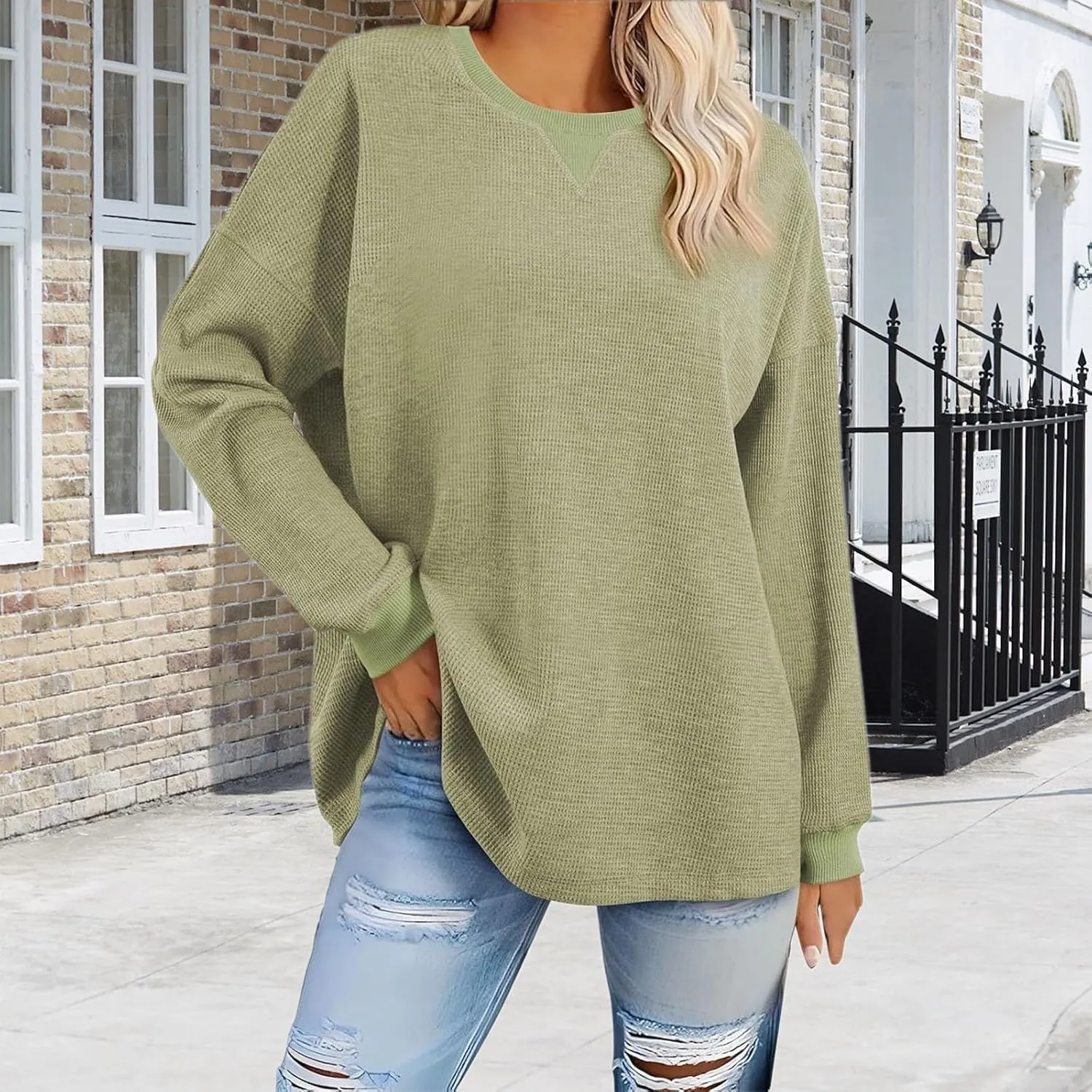 Womens Loose Sweatshirt Casual Knitted Long Sleece Round Neck Lightweight Hoodie Oversized Pullover Workout Tops