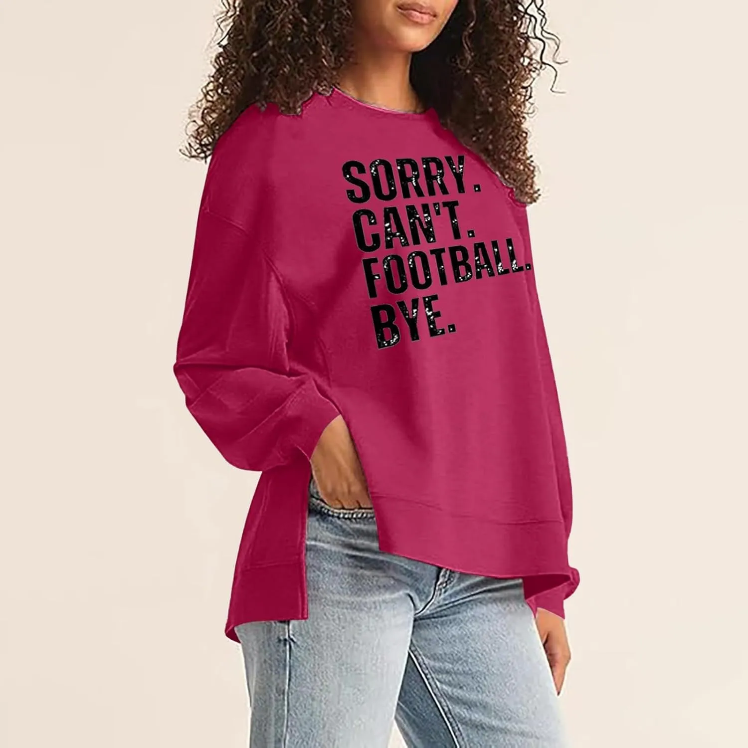Womens Loose Sweatshirts Crewneck Letter Print Long Sleeve Hoodies Fall Workout High Low Hem Slit Tops for Teen Girls