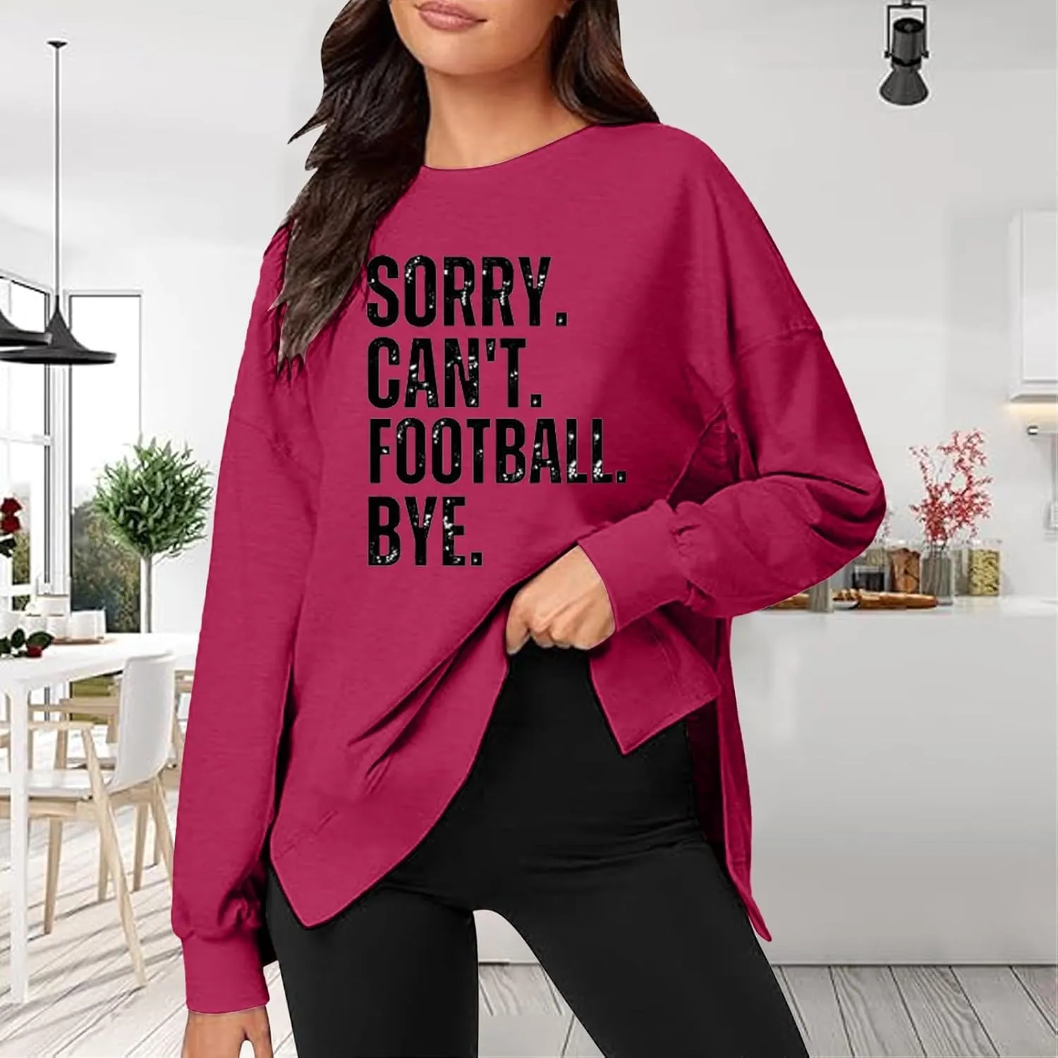 Womens Loose Sweatshirts Crewneck Letter Print Long Sleeve Hoodies Fall Workout High Low Hem Slit Tops for Teen Girls