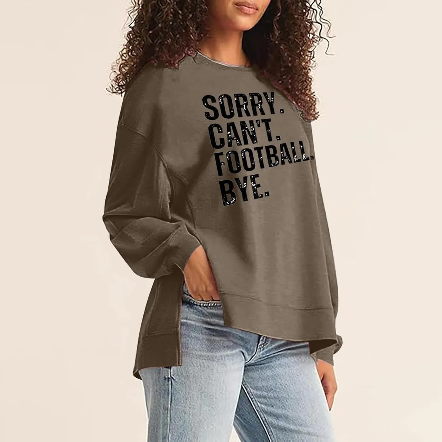 Womens Loose Sweatshirts Crewneck Letter Print Long Sleeve Hoodies Fall Workout High Low Hem Slit Tops for Teen Girls