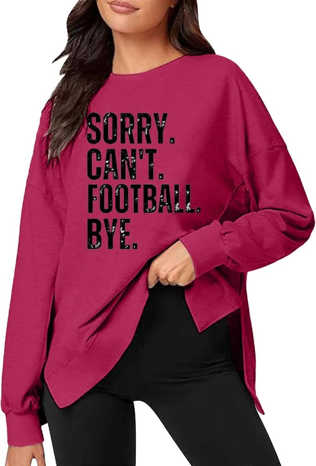 Womens Loose Sweatshirts Crewneck Letter Print Long Sleeve Hoodies Fall Workout High Low Hem Slit Tops for Teen Girls