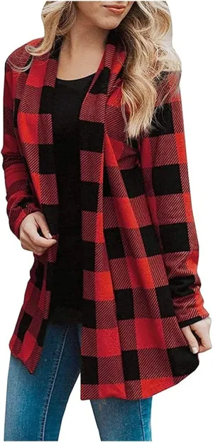 Women's Open Front Cardigan Casual Lightweight Long Sleeve Kimono Cardigans Buffalo Plaid Shirt Comfy Soft Outwear