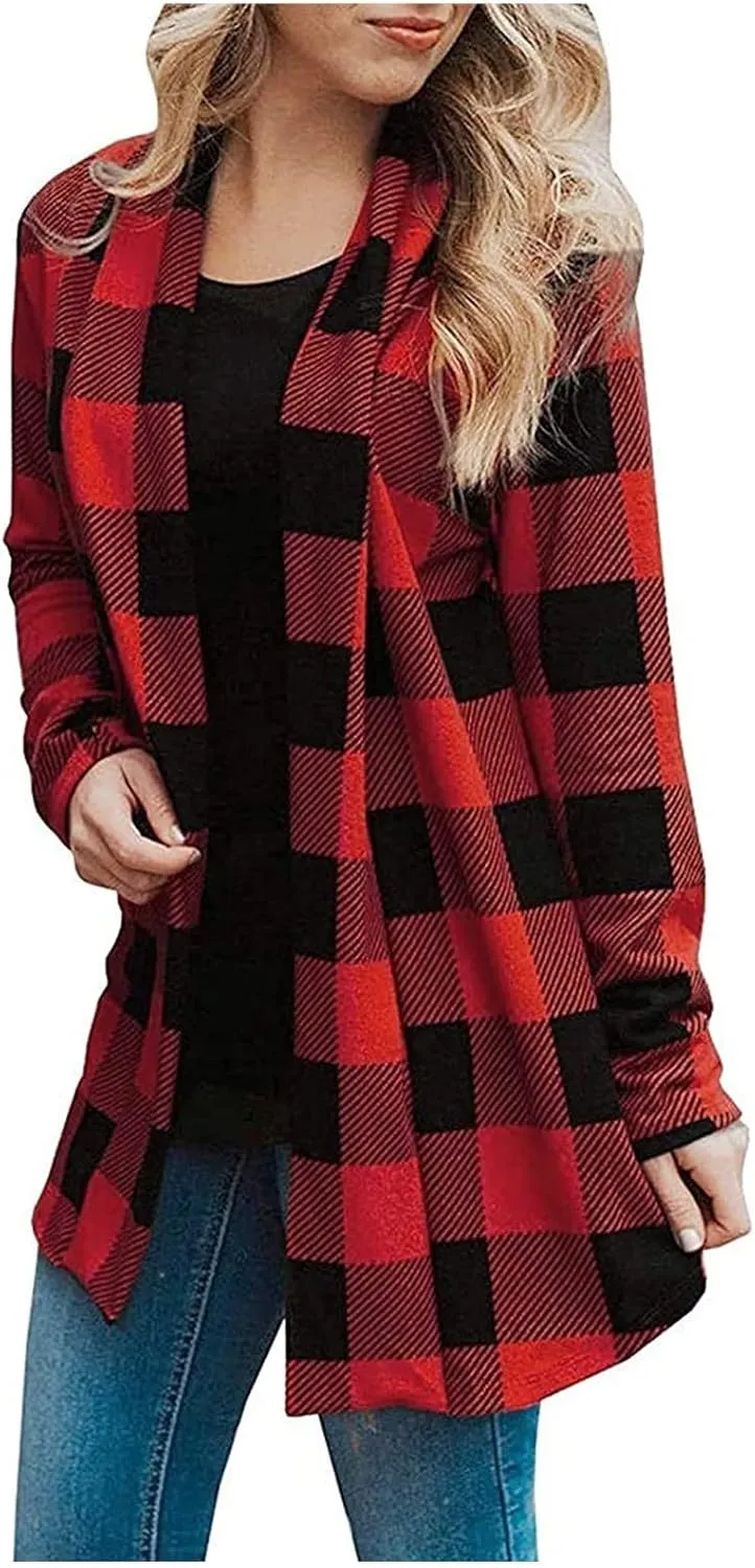 Women's Open Front Cardigan Casual Lightweight Long Sleeve Kimono Cardigans Buffalo Plaid Shirt Comfy Soft Outwear