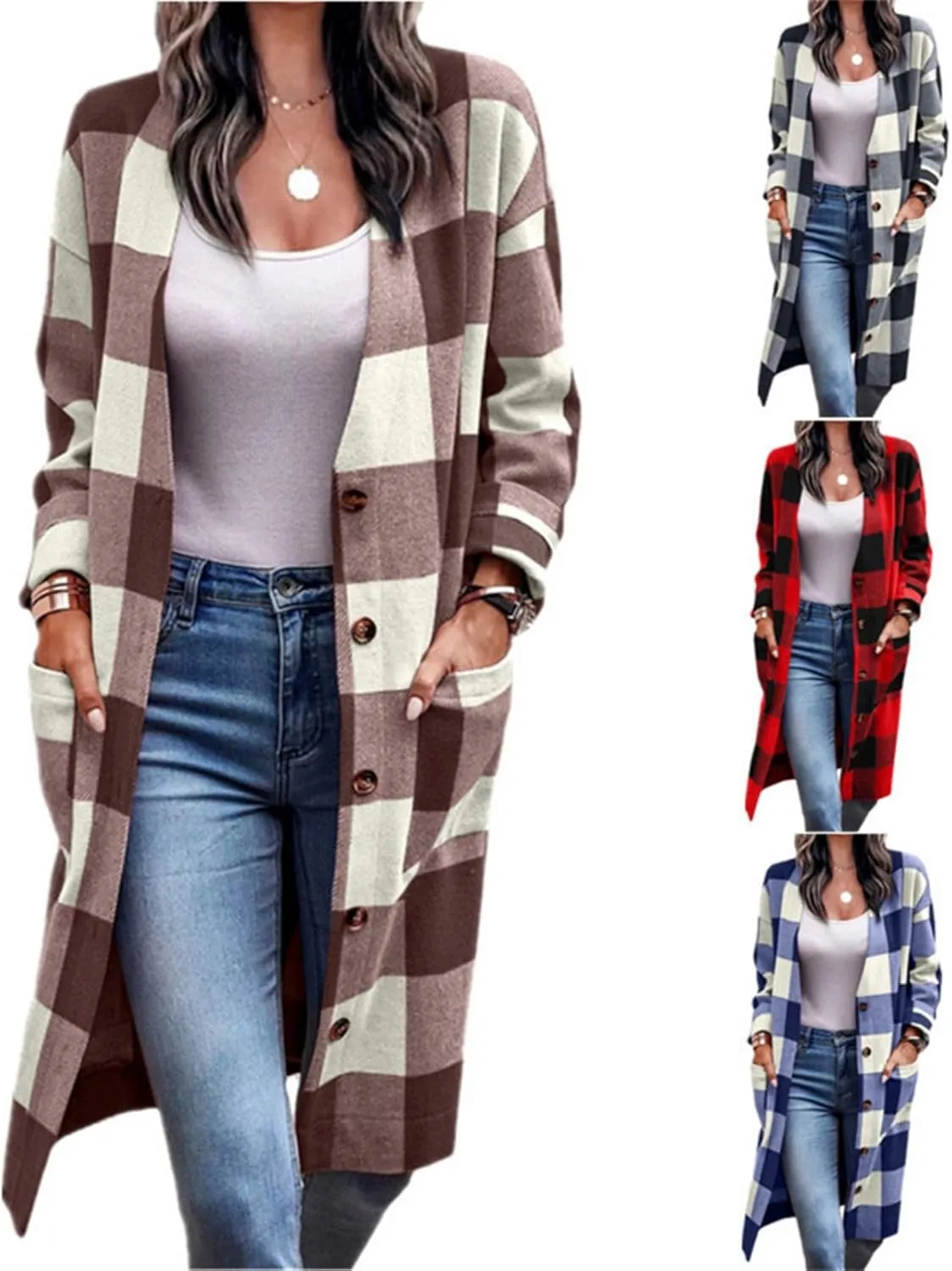 Womens Open Front Cardigan Coat Trendy Plaid Flannel Shacket Jacket Casual Loose Button Down Cardigans