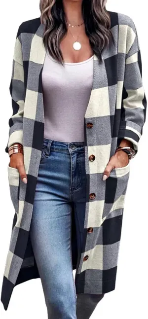 Womens Open Front Cardigan Coat Trendy Plaid Flannel Shacket Jacket Casual Loose Button Down Cardigans