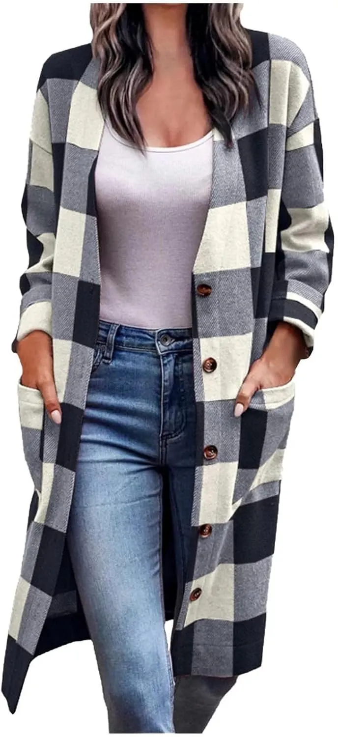 Womens Open Front Cardigan Coat Trendy Plaid Flannel Shacket Jacket Casual Loose Button Down Cardigans