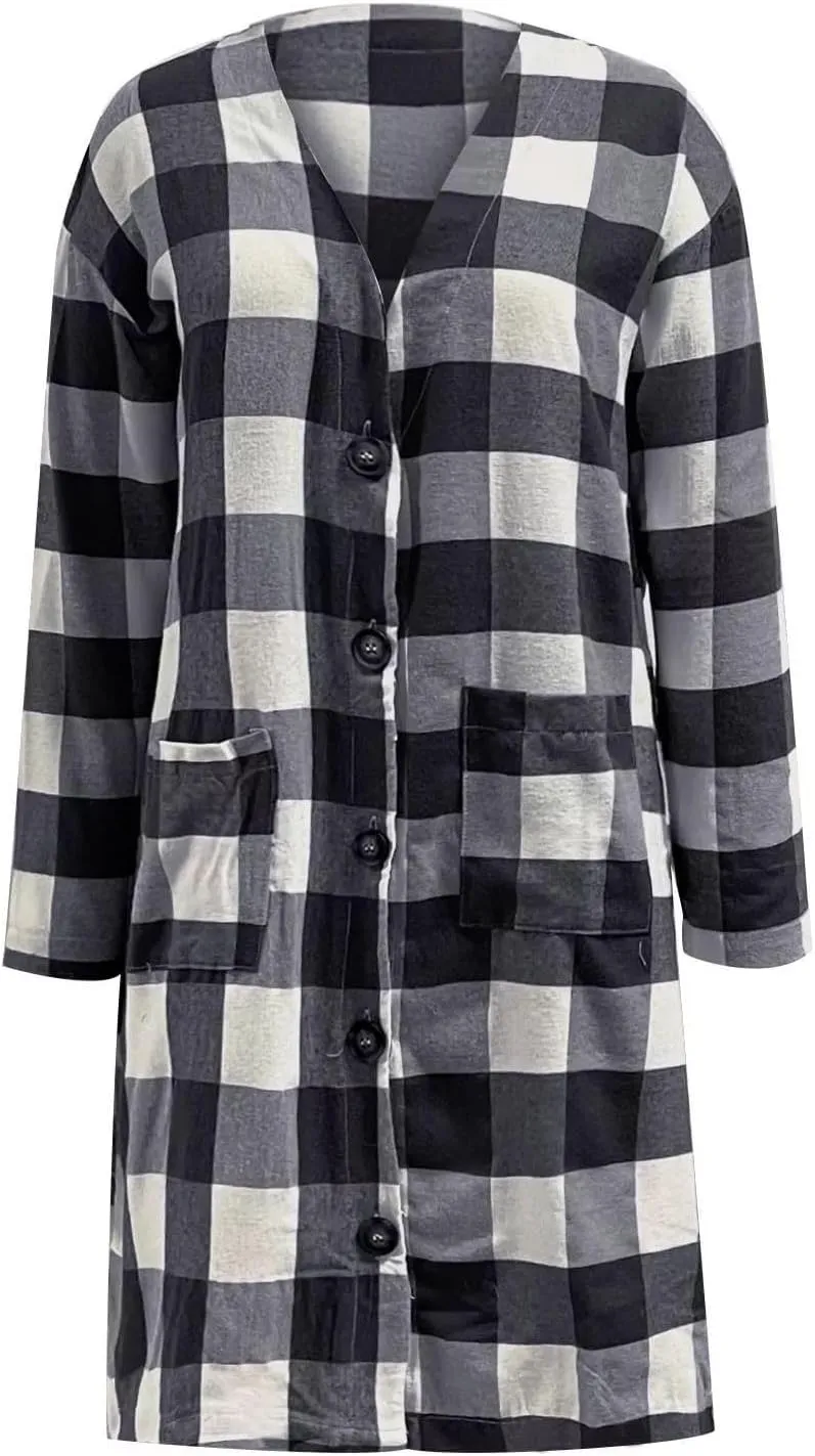 Womens Open Front Cardigan Coat Trendy Plaid Flannel Shacket Jacket Casual Loose Button Down Cardigans