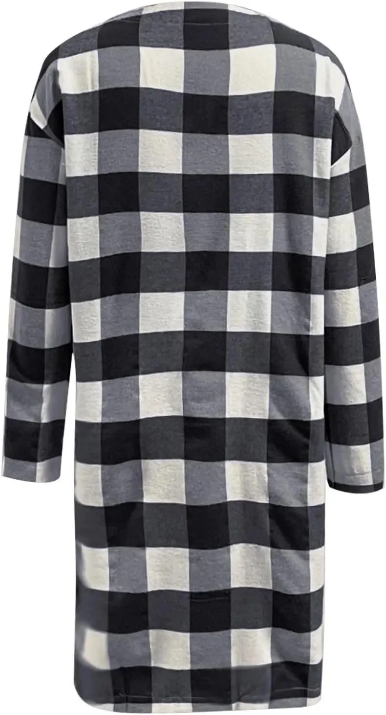 Womens Open Front Cardigan Coat Trendy Plaid Flannel Shacket Jacket Casual Loose Button Down Cardigans