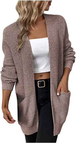Women's Open Front Cardigan Long Sleeve Sweater Chunky Knit Sweater Loose Solid Color Outerwear Coats with Pockets