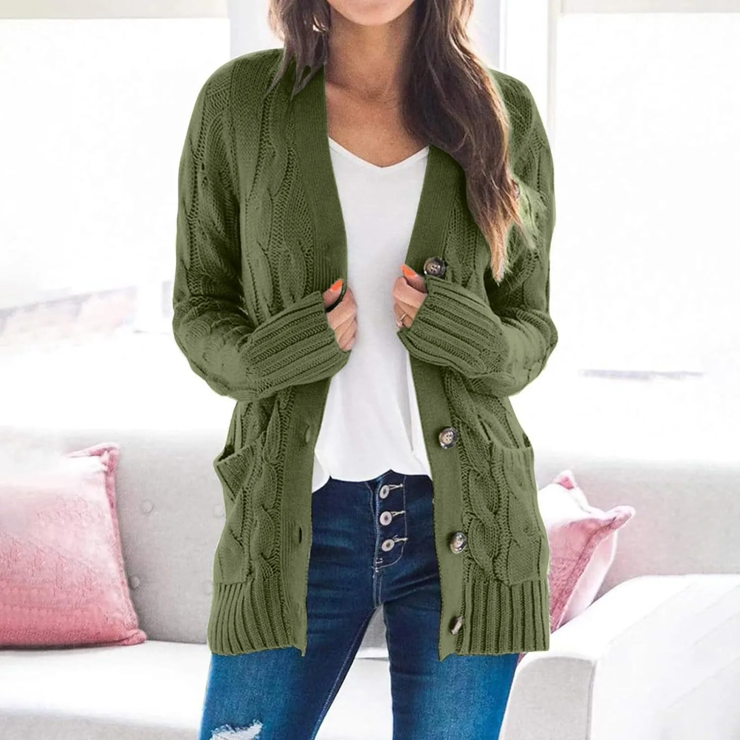 Women's Open Front Cardigan Sweaters Trendy Solid Button Cable Knit Chunky Winter Outerwear Coats with Pocket