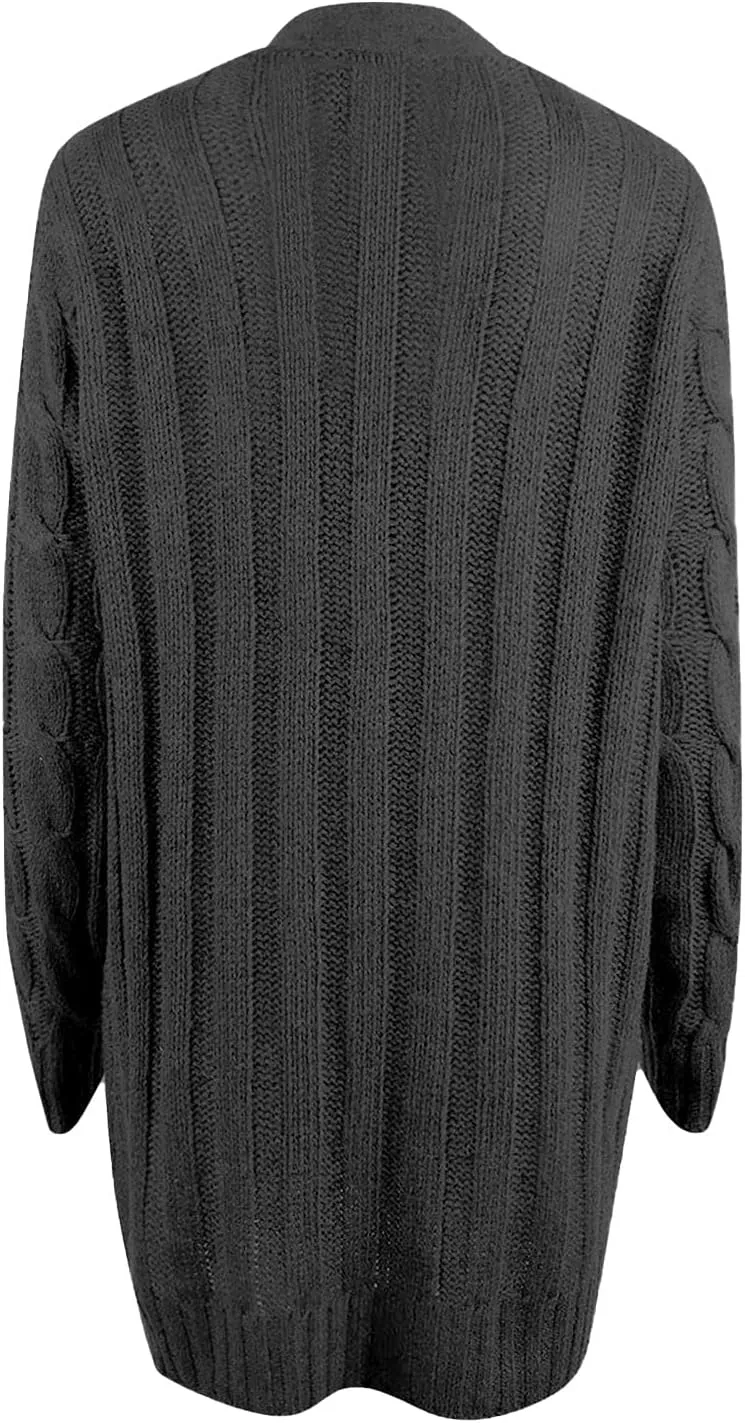 Women's Open Front Cardigan Sweaters Trendy Solid Button Cable Knit Chunky Winter Outerwear Coats with Pocket